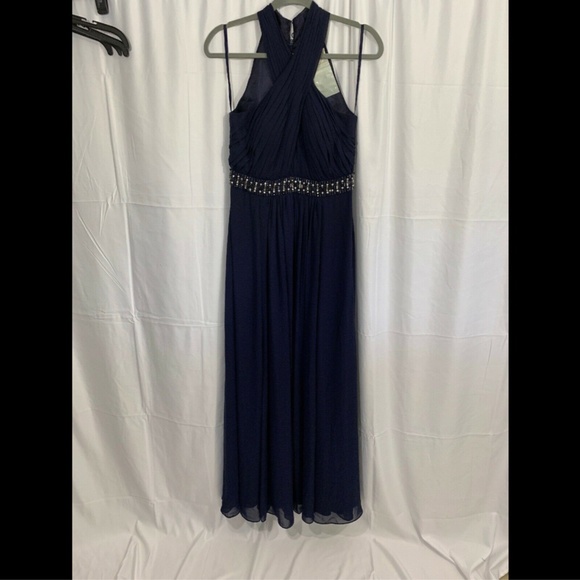 NWT $248 Eliza J Halter Pleated Cross Neck Gown‎ in Navy Blue [SZ 6 ] - Picture 3 of 8